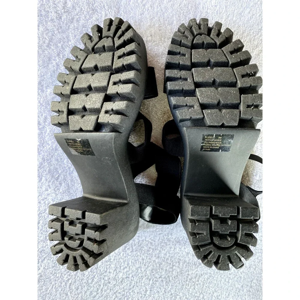 Madden Girl G-Spell Womens Sz 9M Black Open Toe Stretchy Straps Block Heel Shoes